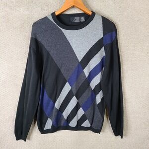 J Ferrar Sweater Mens Large Black Gray Blue Geometric Pullover Crew‎ Neck Cotton